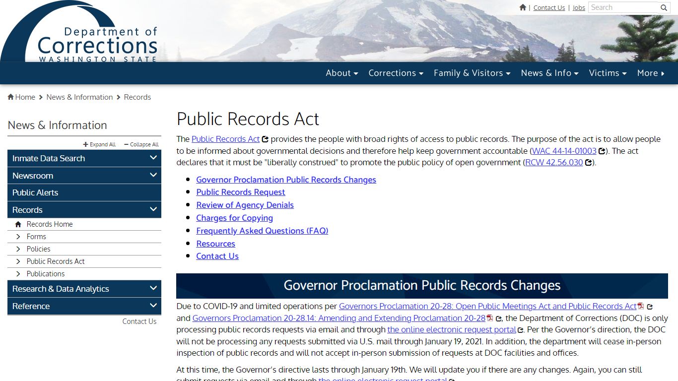 Public Records Act | Washington State Department of Corrections