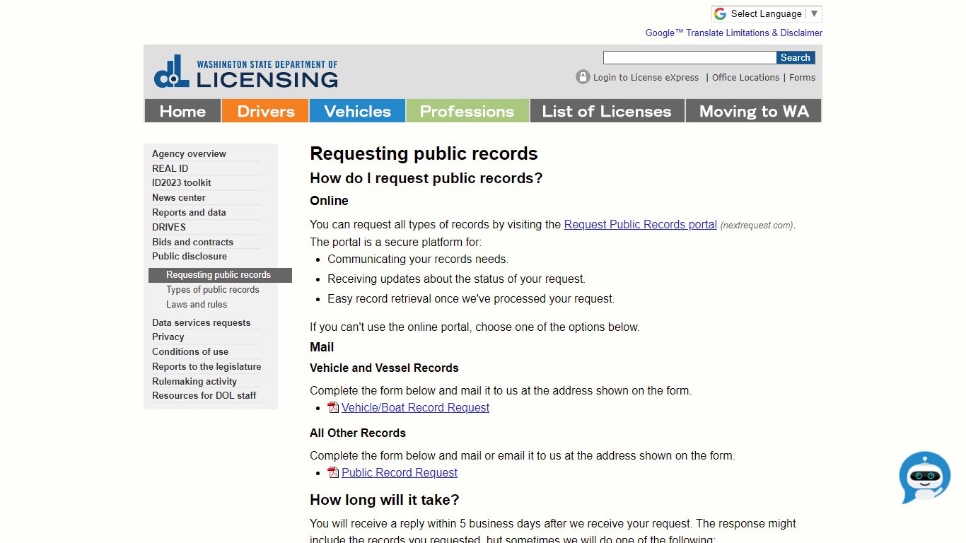 WA State Licensing (DOL) Official Site: Requesting public records